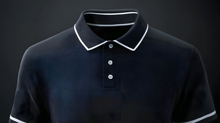 Elegant and modern polo t-shirt mockup featuring sharp contrast piping along the collar and sleeves, along with a sleek branded logo on the chest.の素材