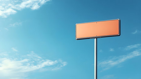 Blank street sign mockup isolated on a metal pole against a clear blue sky background, with texture - ideal for use in navigation, wayfinding, and transportation design projects.の素材