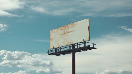 Blank Roadside Billboard Mockup Mounted on Tall Steel Structure with Cloudy Sky Background - Perfect for Large-Scale Commercial Advertisements and Branding Displaysの素材