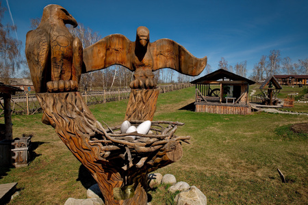Russia. Siberia, Altai Krai. 04/30/2018. Sculptures made of wood of the Altai masters in the art and ethnic Park "Legend", which is located near the village Polevodka along the Chui tract.のeditorial素材