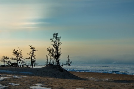 Russia. The Eastern Siberia. Lake Baikal, the sandy shore of the Olkhon Island from the Small sea.の写真素材