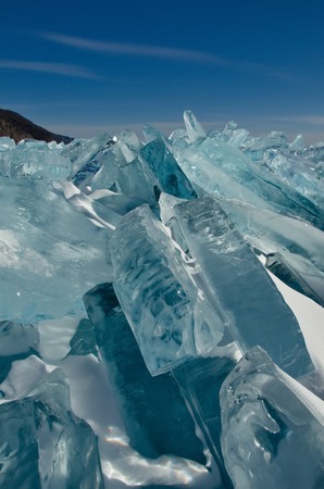 Russia. Eastern Siberia, lake Baikal. The icy cliffs of the island of Olkhon.