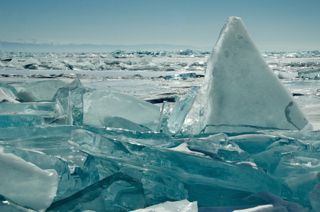 Russia. Eastern Siberia, lake Baikal. The icy cliffs of the island of Olkhon.