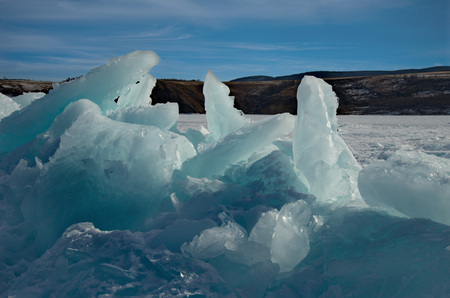 Russia. Eastern Siberia, lake Baikal. The icy cliffs of the island of Olkhon.