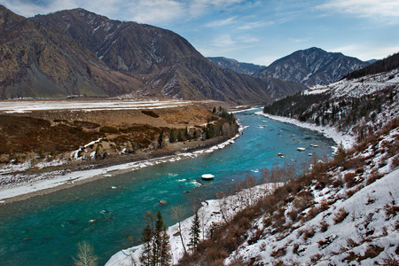 Russia. mountain Altai. Katun river along the river near Maly Yalomanの写真素材