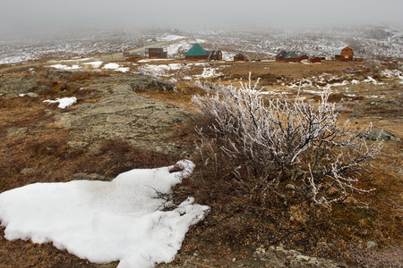 Cold fog in Altai mountains. Russia. Early morning at the Katu-Yaryk pass with views of the Chulyshman river valley.の写真素材