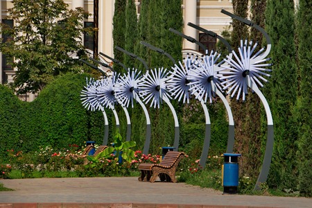 Dushanbe, Tajikistan. 07/08/2019. Central Metropolitan Park Gods Rudaki. Original lamps in the form...