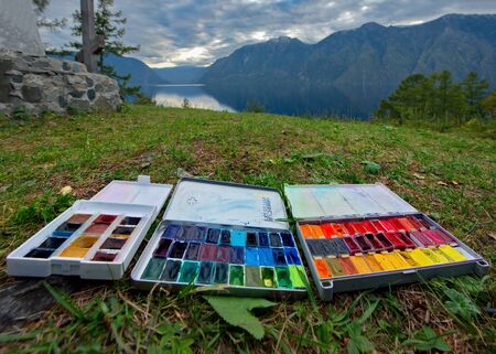 Russia. mountain Altai. The southern coast of lake Teletskoye near the mouth of the Chulyshman river. Creativity on the shore of a beautiful lakeの写真素材