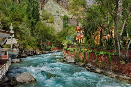 Tajikistan, Darvaz historical region. 08/08/2019. The fabulous architecture of the recreation Center "Horchaman", located in the mountain gorge of the Pamirs on the border with Afghanistan.のeditorial素材