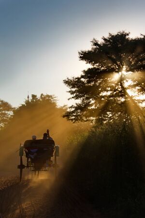 BAGAN. MYANMAR. November 25, 2016. A horse-drawn cart with tourists on a dusty road in the background light hurries to the amazing Buddhist temples of Bagan to see the blazing sunset.のeditorial素材