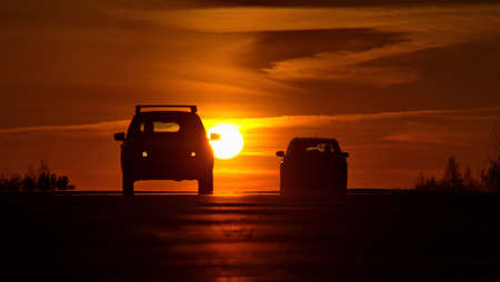 Russia. Fiery sunset on Siberian roads.のeditorial素材