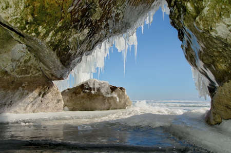 Russia. Eastern Siberia, lake Baikal. Ice caves of Olkhon island from the Small sea.