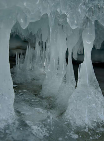 Russia. Eastern Siberia. Bizarre icicles of numerous caves and grottoes on Olkhon island of lake...