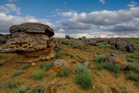 Shirkala. West Kazakhstan. In the boundless steppe around the famous mount Shirkala scattered huge...