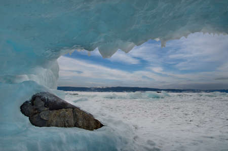 Russia. Fancy icy rocks of lake Baikal.の写真素材
