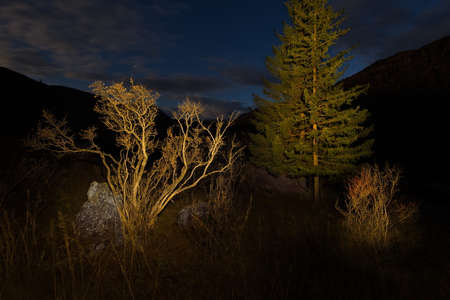Russia. The South Of Western Siberia. Cloudy full moon in the Chuya river valley along the Chuya...