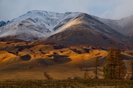 Russia. Gloomy sunset in the Altai mountains. Late autumn at the North-Chuya mountain range in the...