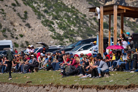 Kupchegen. Russia. May 14, 2021. Altai National Equestrian Game Kok-Boru. Spectators from all over the republic watch the game and cheer for the team of their district.のeditorial素材
