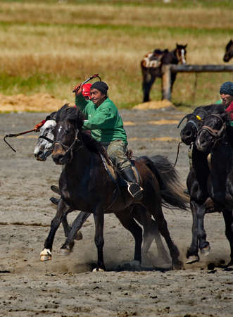 Kupchegen. Russia. May 14, 2021. Altai National Equestrian Game Kok-Boru. The moment of the fight of...