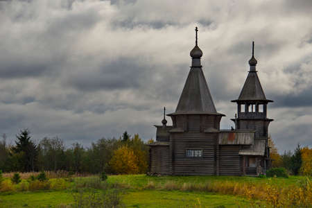 Kuganavolok, Karelia. Russia. October 03, 2018. The Orthodox Church of Elijah the Prophet, built entirely of wood, of the St. Elijah Monastery on the island of Maly Kolgostrov on Lake Vodlozero.のeditorial素材