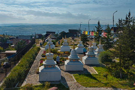 Ulan-Ude. Russia. August 28, 2021. The architecture of the Buddhist Datsan "Rinpoche Bagsha", located on a mountain, offering a beautiful view of the capital of Buryatia.のeditorial素材