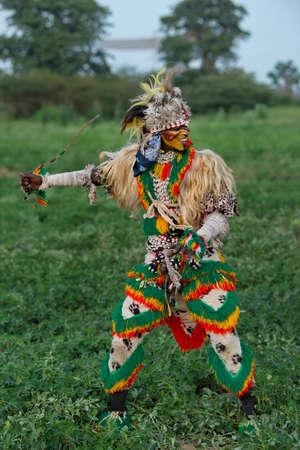 Nguekhokh. Senegal. October 14, 2021. Participants of the costumed performance of Faux Lion in the image of a lion surrounded by lionesses dance surrounded by centuries-old baobabs.のeditorial素材