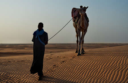 Shingetti. Mauritania. October 05, 2021. A lonely Moor in national dress leads a loaded one-humped...