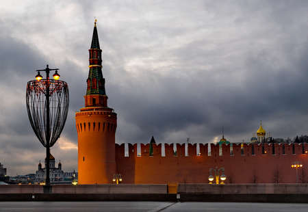 Moscow. Russia. December 21, 2020. View of the evening New Year's Eve illumination of the capital from the Bolshoy Moskvoretsky Bridge in the area of Vasilievsky Descent.のeditorial素材