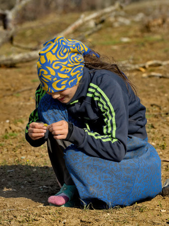 Dubki. Russia. April 11, 2021. A village girl collects small yellow flowers on the bare ground, which are the first to appear in the Caucasus mountains at the beginning of cold spring.のeditorial素材