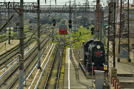 Derbent. Russia. April 09, 2021. View from the pedestrian bridge to the railway tracks of the cargo and passenger station in the oldest city of Dagestan.のeditorial素材