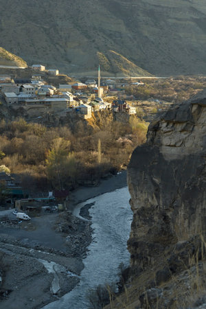 Inhelo. Russia. April 04, 2021. View of a high-mountain village located on the steep slopes of the...