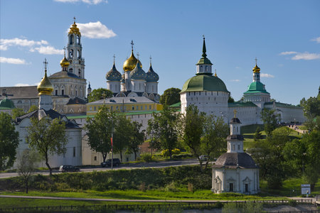 Sergiev Posad. Russia. June 07, 2022. View of the gilded domes of the Orthodox churches of the...
