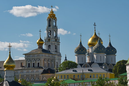 Sergiev Posad. Russia. June 07, 2022. View of the central Bell tower of the Orthodox Trinity-Sergius...