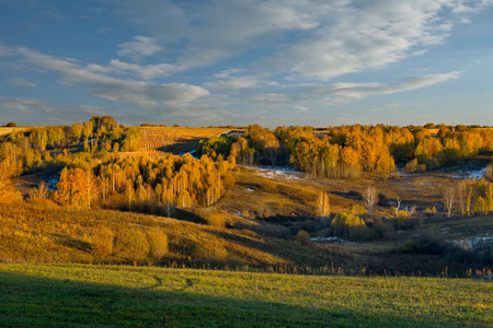 Russia. South of Western Siberia, Altai Territory. View of the endless farm fields, over which the...