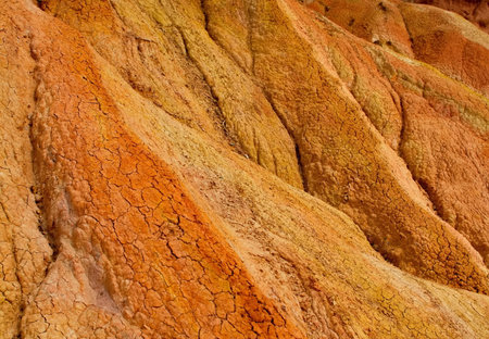 Northern Kyrgyzstan. The unusual texture of red-yellow clay rocks in the famous Skazka Canyon, off...