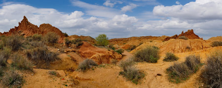 Northern Kyrgyzstan. Picturesque views of the famous Skazka Canyon (, the clay mountain peaks of...
