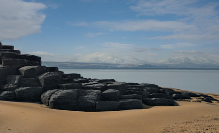 Russia. The Far East, the Kuril Islands. View of the cold expanse of the Sea of Okhotsk against the...