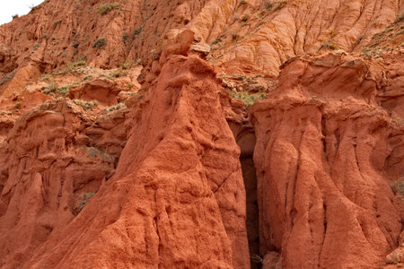 Northern Kyrgyzstan. The unusual texture of red-yellow clay rocks in the famous Skazka Canyon, off...