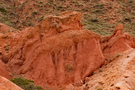 Northern Kyrgyzstan. The unusual texture of red-yellow clay rocks in the famous Skazka Canyon, off...