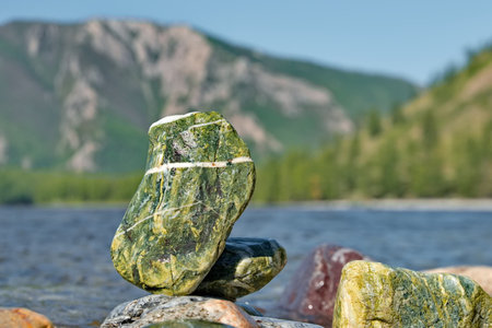 Russia. Western Sayans. Multicolored minerals of unusual beauty in the mountain tributes of the...