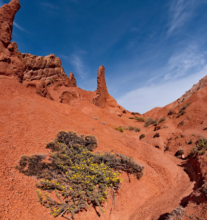 Northern Kyrgyzstan. Picturesque views of the famous Skazka Canyon, the clay mountain peaks of which...