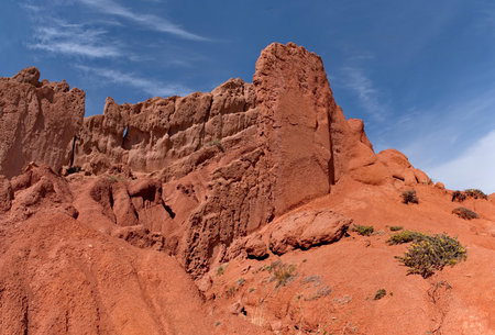 Picturesque views of the famous Skazka Canyon, the clay mountain peaks of which have bright colors...