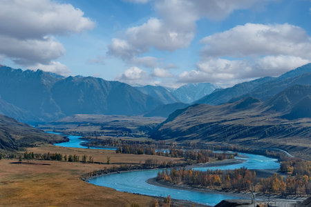 Russia. Western Siberia, Altai Mountains. Picturesque autumn view of the Katun River valley near the...