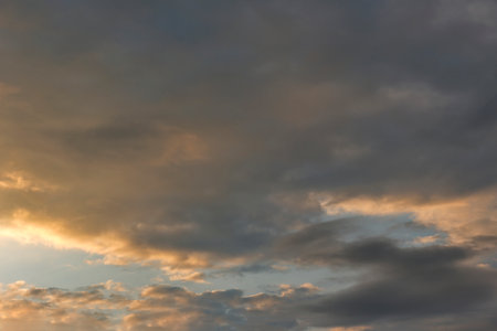Russia. The South of Western Siberia. Panorama of the evening summer sky with multicolored clouds...