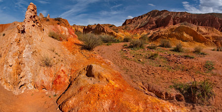 Northern Kyrgyzstan. Picturesque views of the famous Skazka Canyon, the clay mountain peaks of which...
