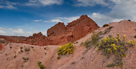 Northern Kyrgyzstan. Picturesque views of the famous Skazka Canyon, the clay mountain peaks of which...