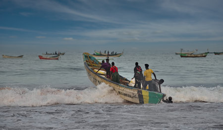 Nouakchott. Mauritania. On October 03, 2021, fishermen go fishing daily on wooden boats with a motor...