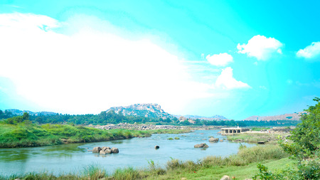 Hampi  Hospet - Karnataka  Trees - River - Skyの写真素材