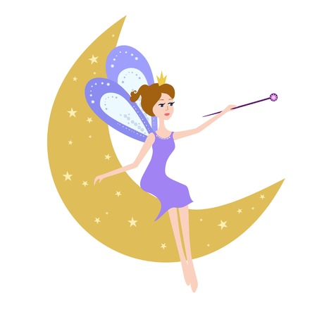 Cartoon Fairy with a magic wand. Fairy sitting on the moon vector illustration.のイラスト素材