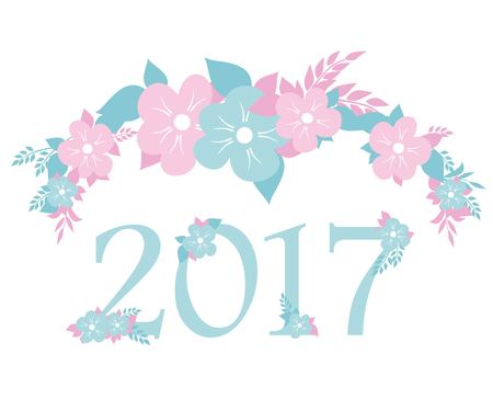 Vector numbers 2017 with blue and pink flowersのイラスト素材